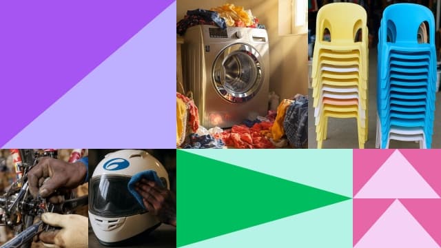Visual of triangles alongside washing machine, chairs & helment